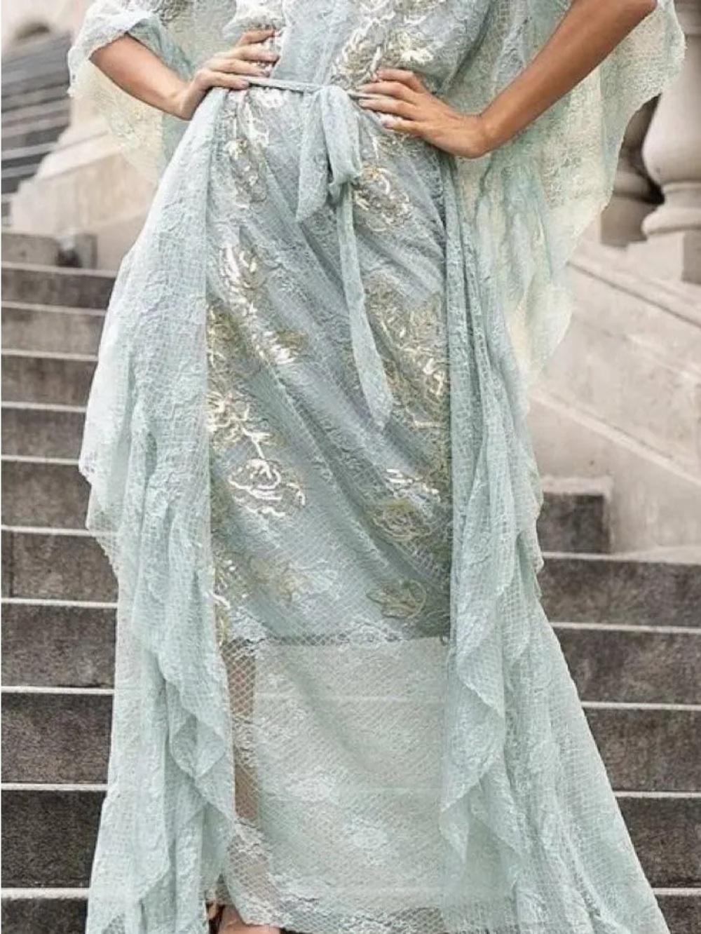 Joyfolie Elegant Seafoam Green Lace Maxi Dress with Gold Accents